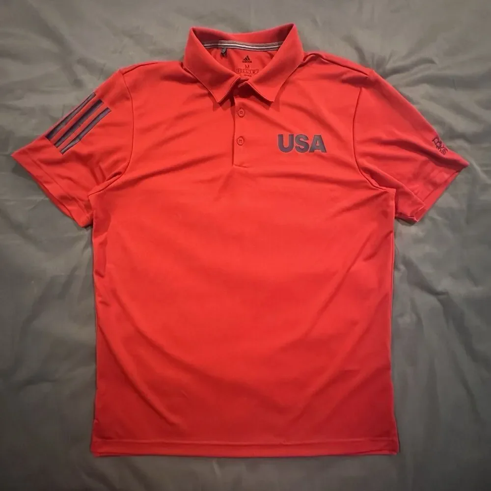 Adidas USA Golf Polo Mens M Short Sleeve Striped Red Embroidery Olympic Shirt